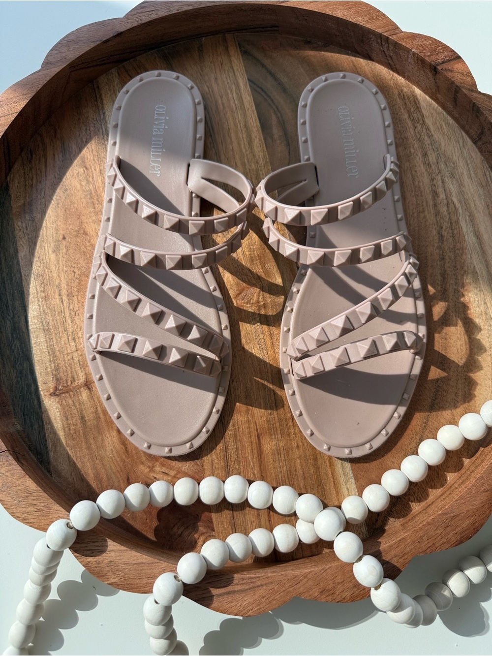 Olivia Miller Blush Studded Multi-Strap Slide Sandals